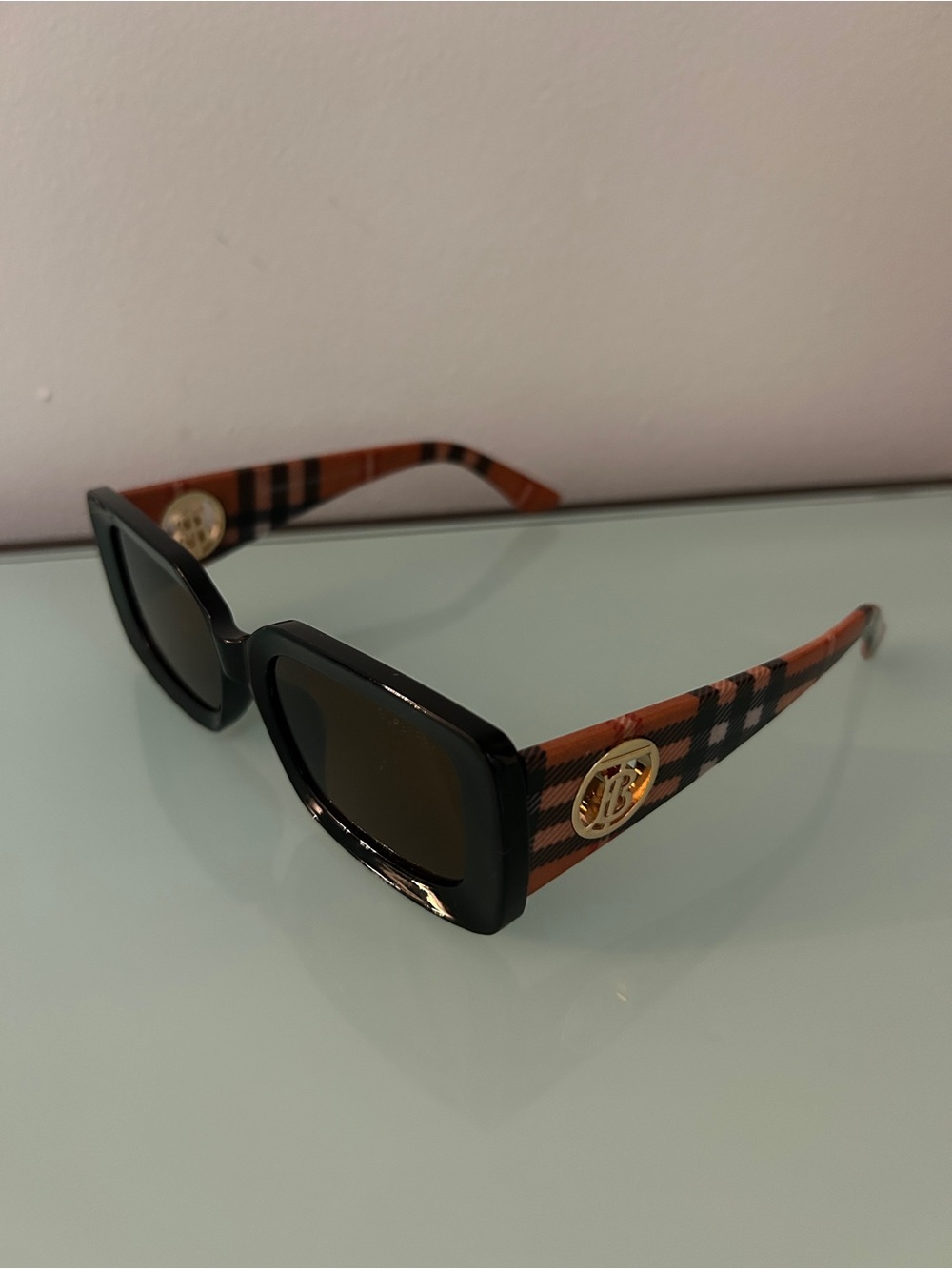 Burberry Black Frames with Tan Plaid Temple Logo Sunglasses